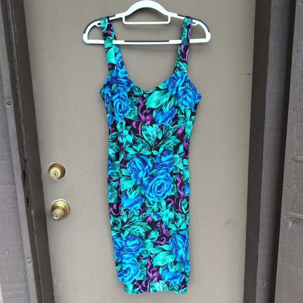 Y2K Vintage Paris Blues Floral Sleeveless Dress Blue, Green, and Purple
